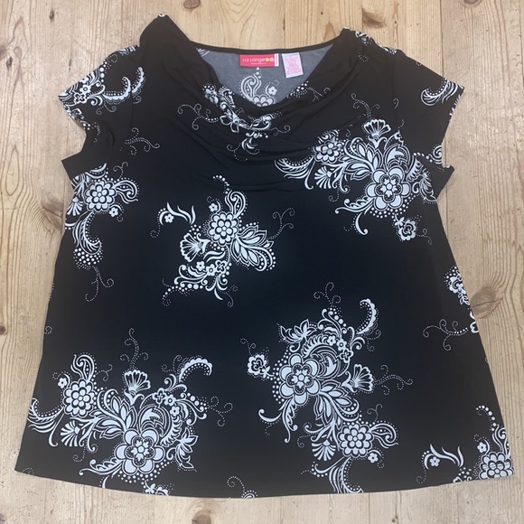 Liz Lange brand Maternity Top- black & white floral, draped scoop neckline Sz L - Picture 2 of 11